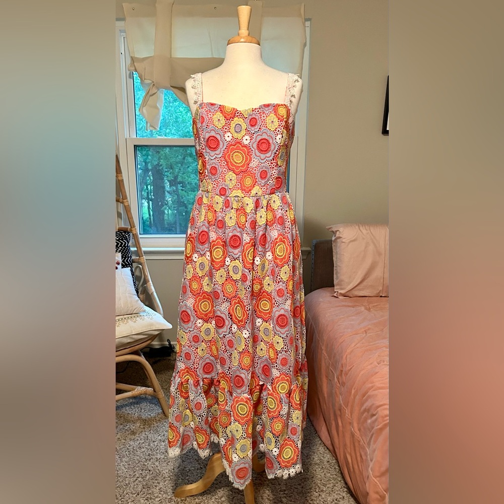 Just Me Pink and Orange Tiered Ruffled Maxi Sundress